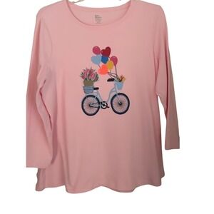 Kim Rogers Perfectly Soft Pink Bicycle Balloons Long Sleeve Top Plus Size
